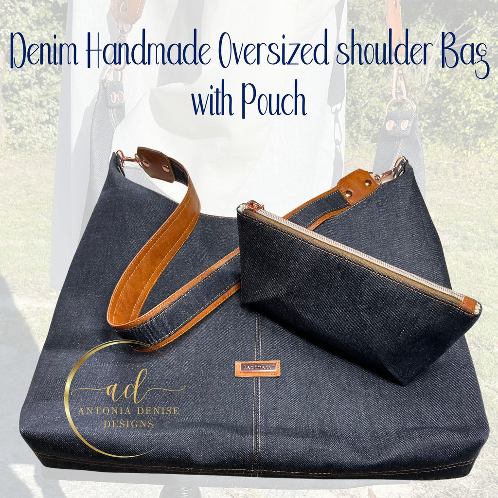 Handmade Denim Hobo Bag, Leather and Denim Strap, with Pouch