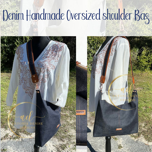 Handmade Denim Hobo Bag, Leather and Denim Strap, with Pouch