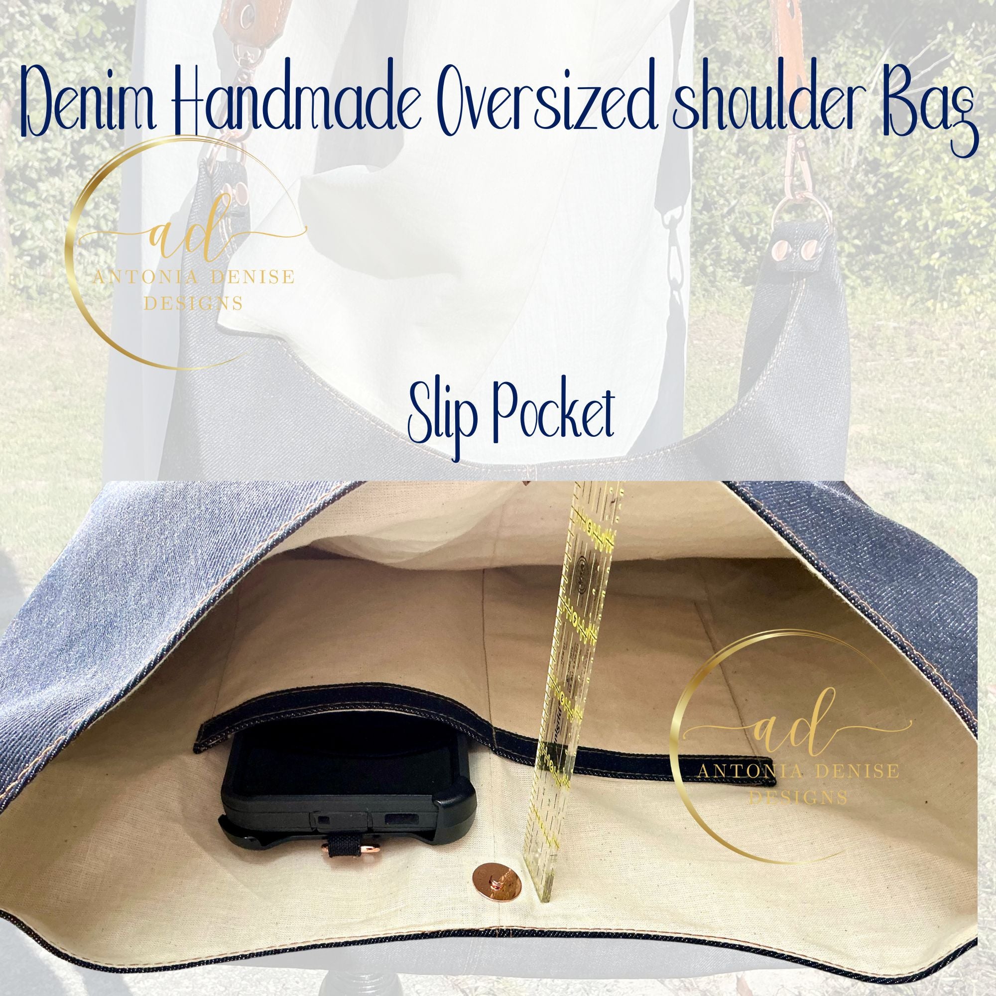 Handmade Denim Hobo Bag, Leather and Denim Strap, with Pouch